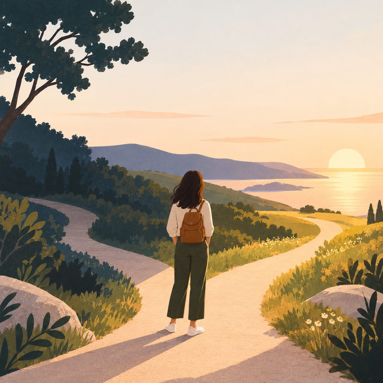An illustrated woman pausing between two coastal paths toward warm sunlight