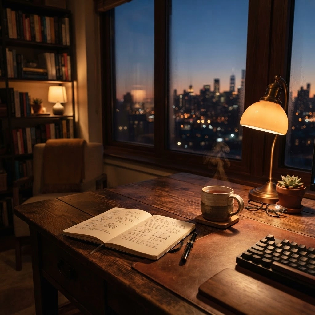 A warm desk lamp, tea, and an open notebook
